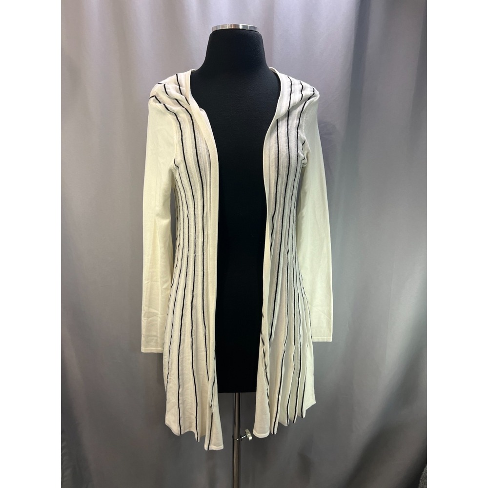 Esperanza Cardigan Sweater Womens S Beige Black Striped Open Front Asymmetrical